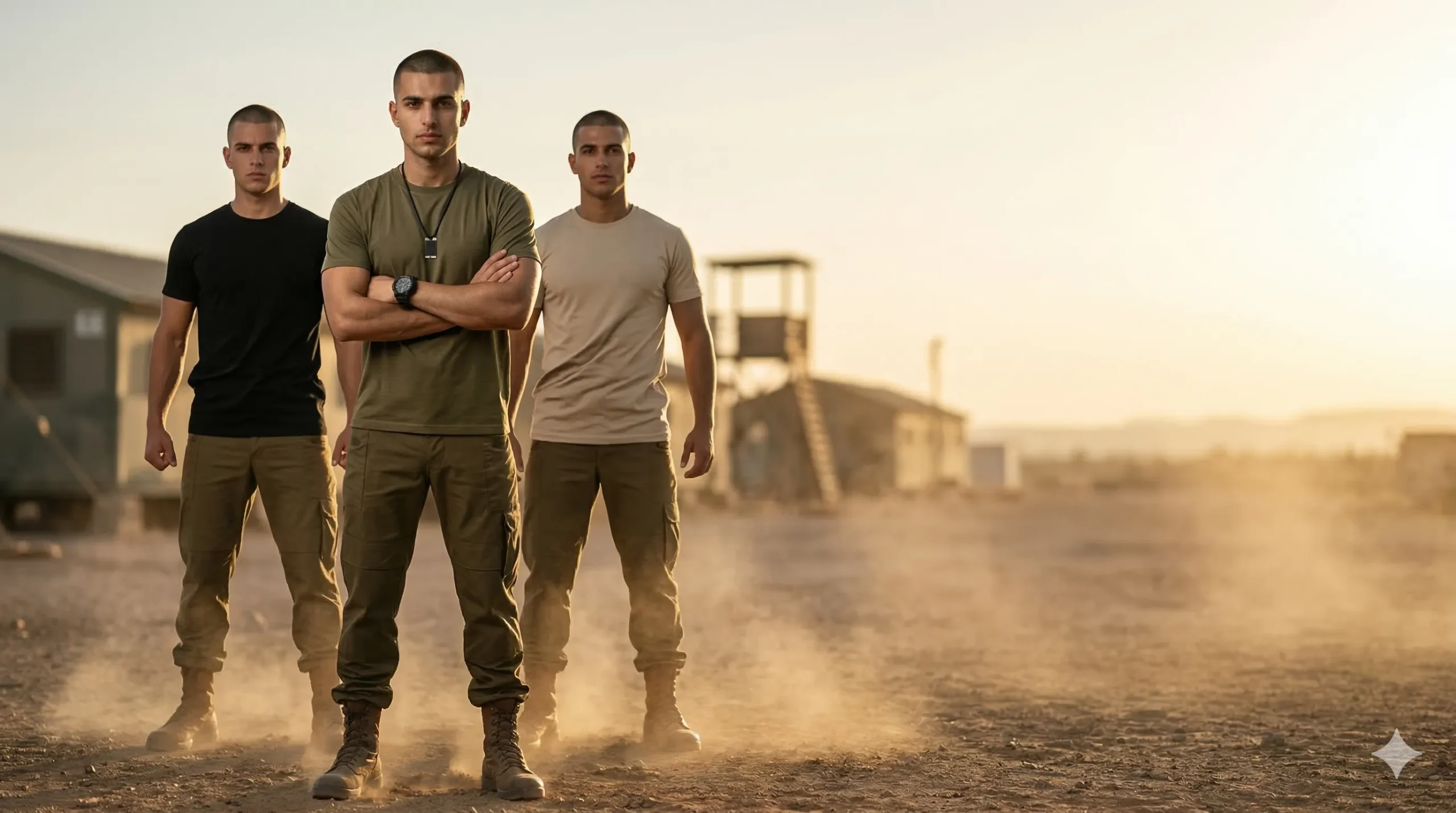 שלושה חיילים במדבר בשקיעה לובשים חולצות טריקו 100% כותנה