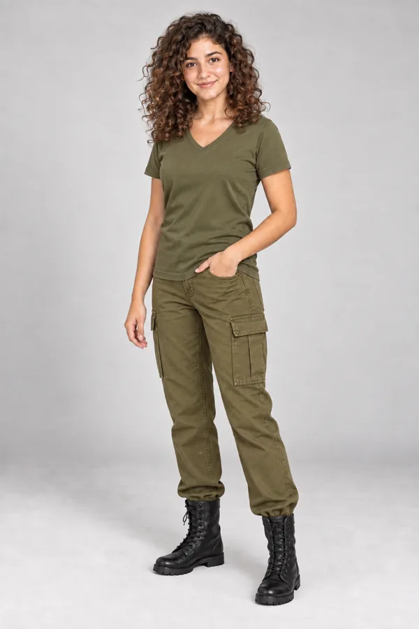 חולצת טריקו צווארון V שרוול קצר בצבע ירוק זית לחיילות – מבט שלושה רבעים