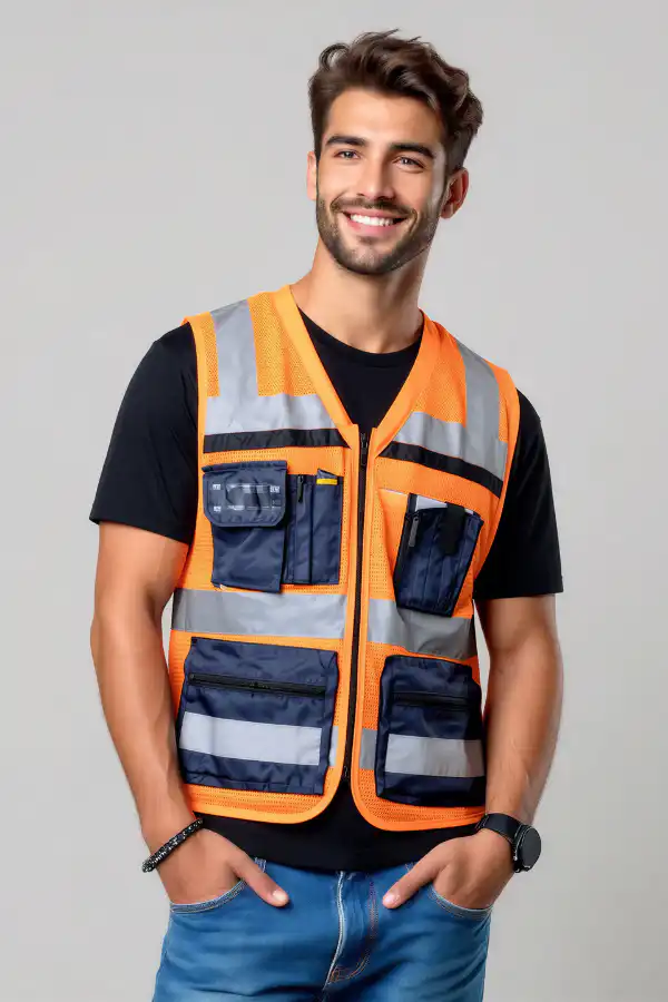 וסט עבודה כתום זוהר עם כיסים